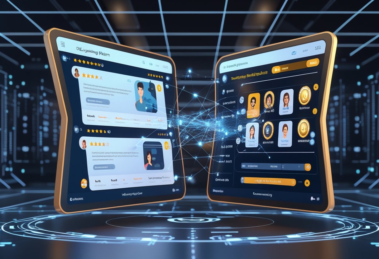 디지털 학습 플랫폼의 리뷰 시스템과 슬롯커뮤니티 UX 구조가 연결된 두 개의 디지털 인터페이스가 가상 공간에 떠 있는 모습