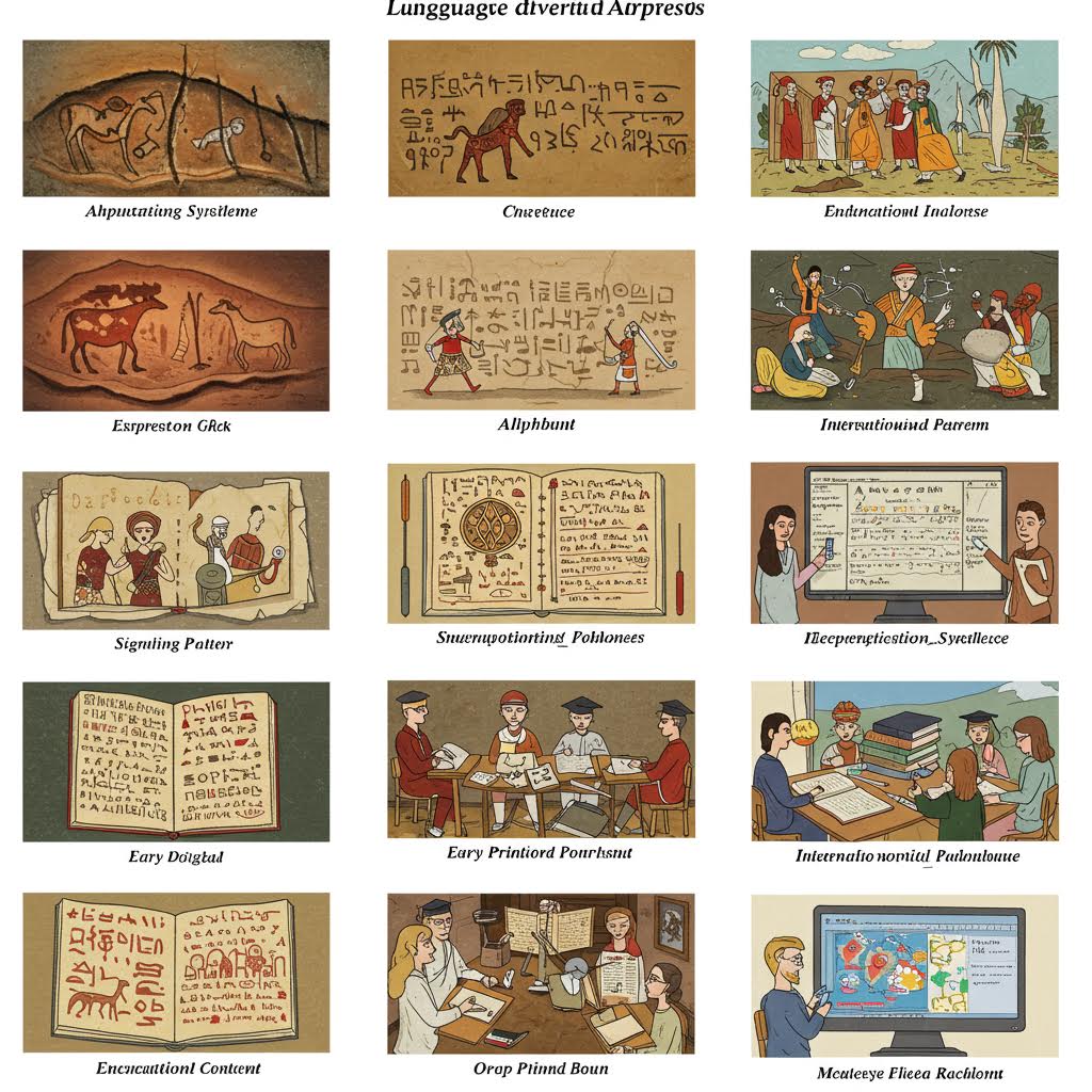 온카스터디와 어울리는 학습 다이어그램, 다양한 언어 표현 방식을 보여주는 교육적 일러스트