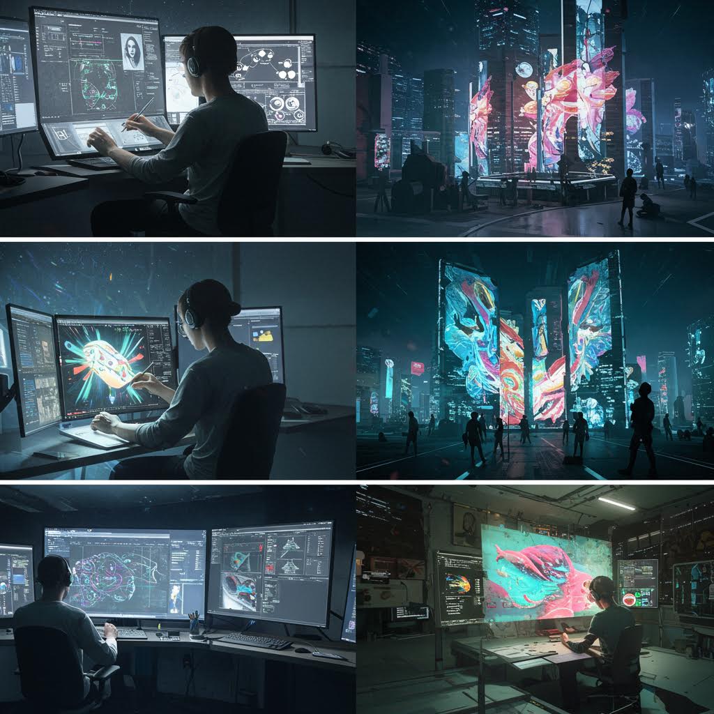 도시의 미디어 아트 전시를 온카스터디와 연동해 시각화한 디지털 공간 이미지