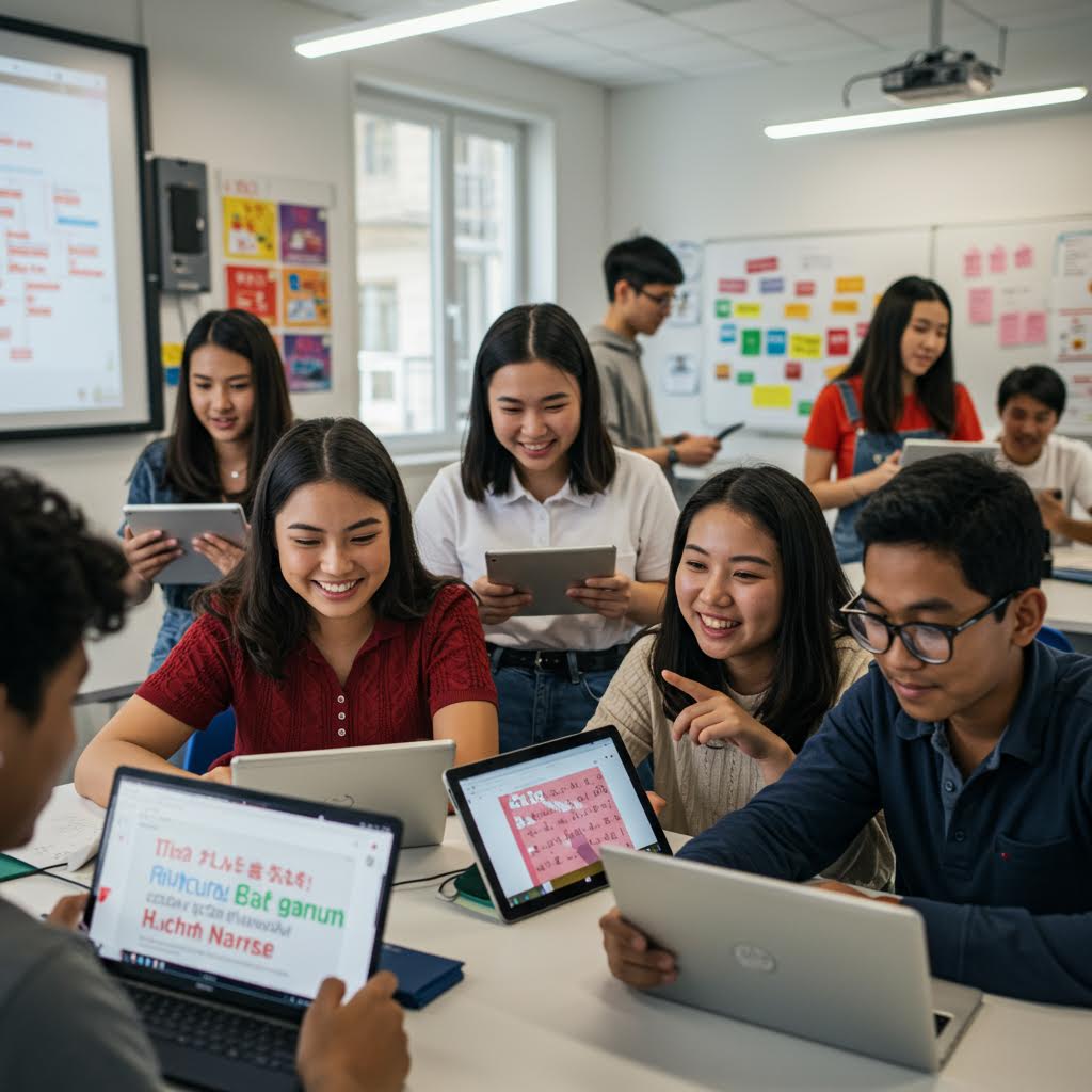 학생들이 교실에서 태블릿과 노트북을 활용해 협력 학습과 디지털 교육 콘텐츠 제작에 참여하는 모습