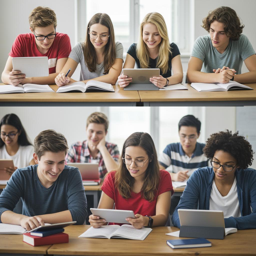 책상 위에 펼쳐진 교재와 태블릿이 동시에 사용되는 장면에서 살아 있는 온카스터디의 흐름