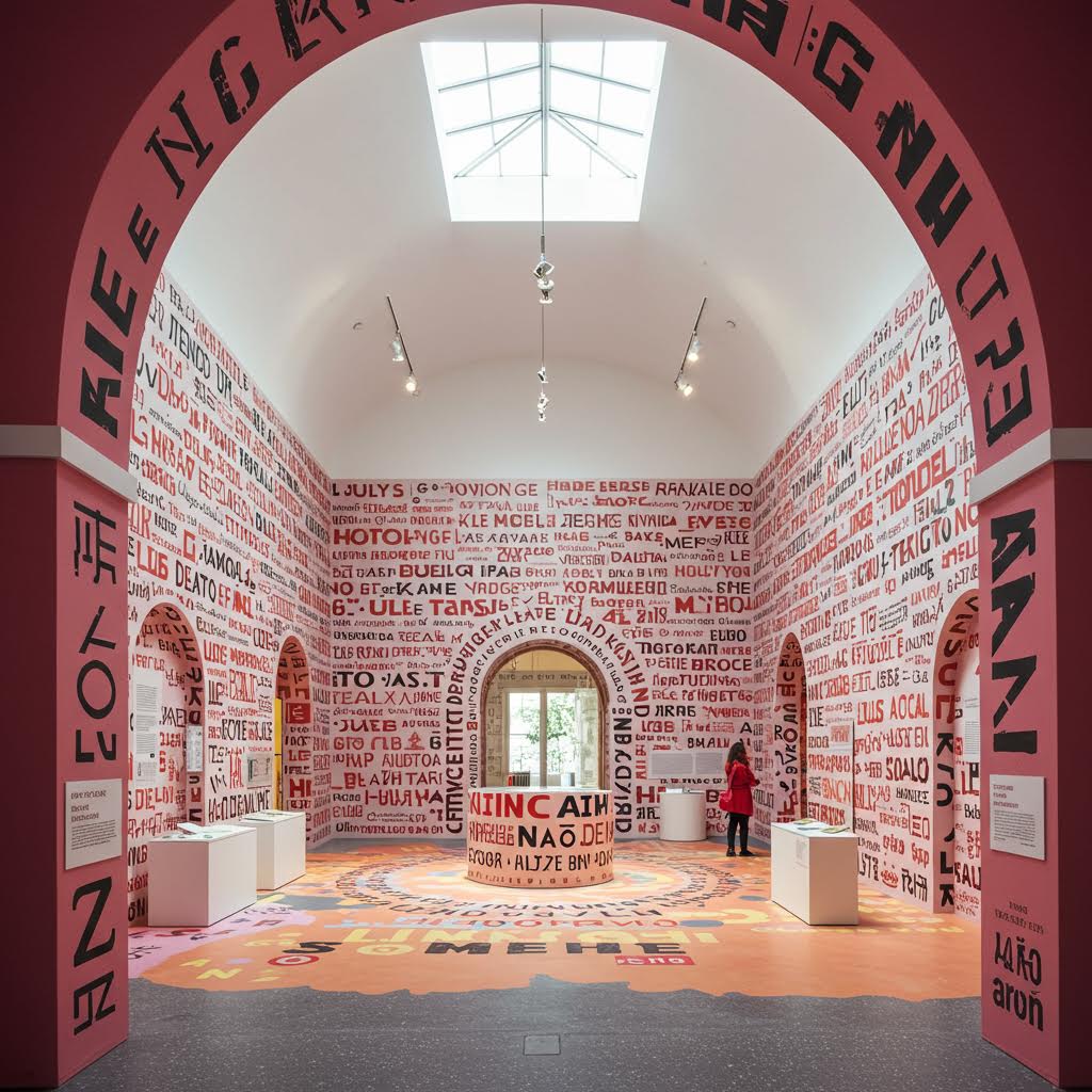 전시공간에서 펼쳐지는 다양한 언어의 문화적 교차점을 온카스터디와 연계해 설명한 이미지