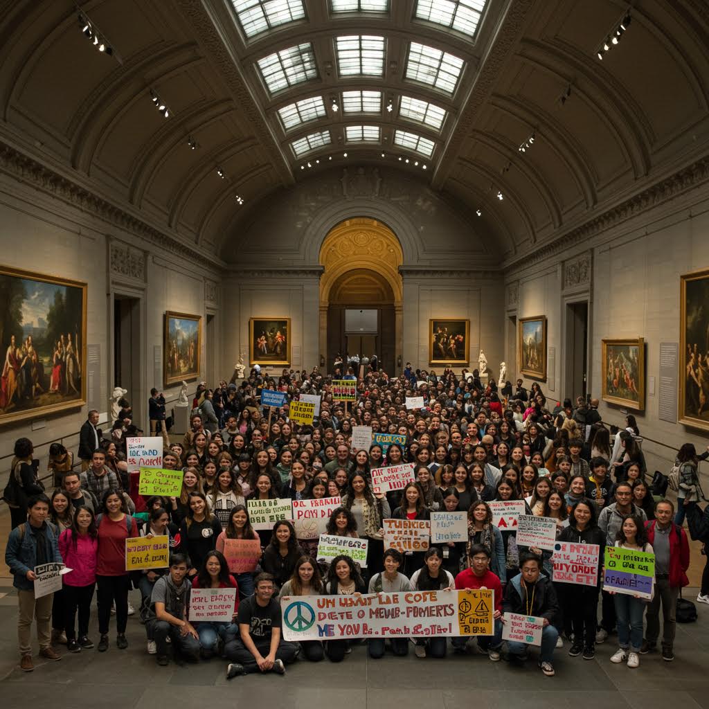 웅장한 전시장 한가운데 모인 인파가 다양한 피켓을 들어 올리며 온카스터디가 상징하는 집단적 울림을 보여주는 장면