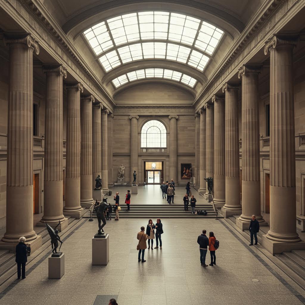 웅장한 기둥과 천장이 어우러진 박물관 전경 속 사람들의 모습, 이는 온카스터디를 연상시키는 신뢰와 안전 기반 플랫폼을 은유적으로 표현한 이미지