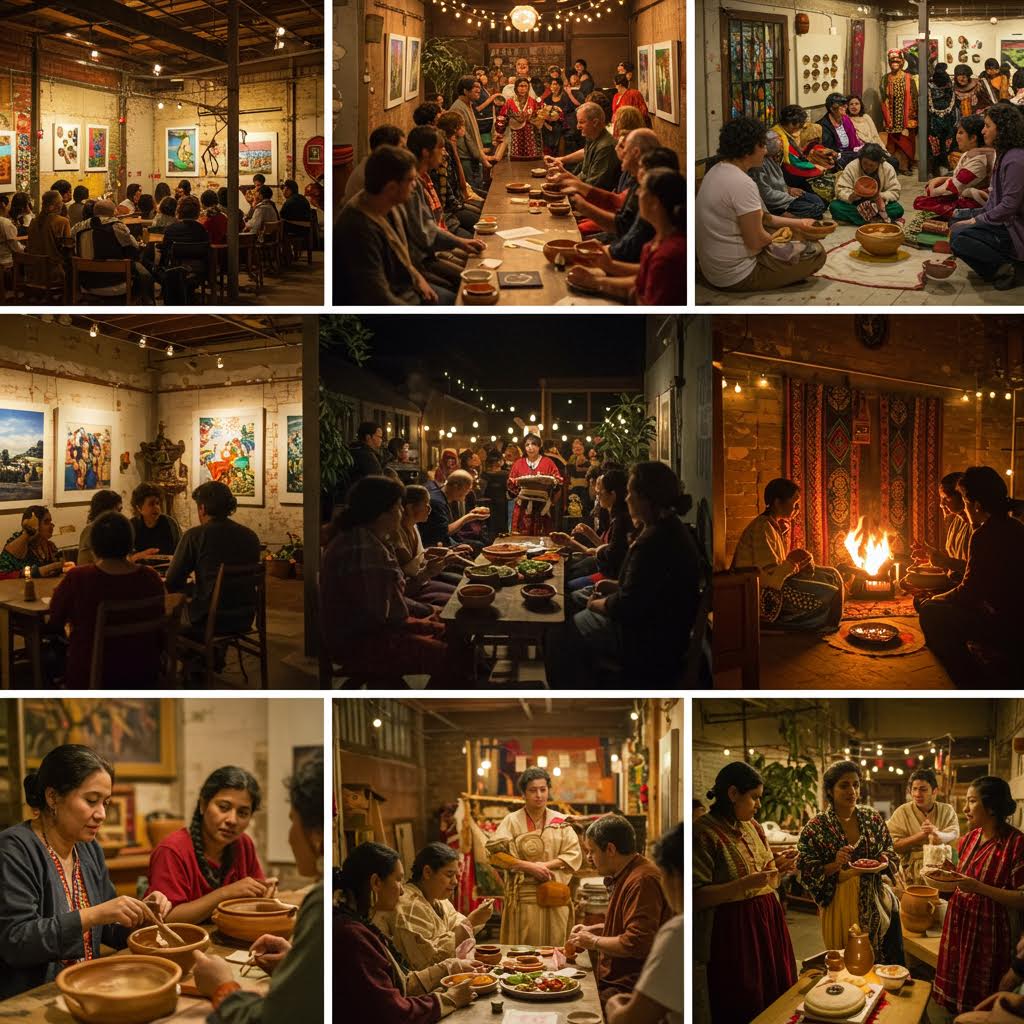 긴 테이블에 둘러앉아 식사를 나누는 사람들의 따뜻한 분위기 속에 온카스터디가 스며든 공동체의 장면