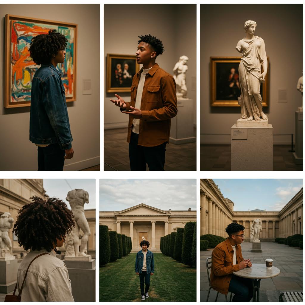 고전 조각과 회화를 둘러보며 경험을 나누는 사람들의 모습이 특별한 연결을 이루며 온카스터디를 비유하는 인상