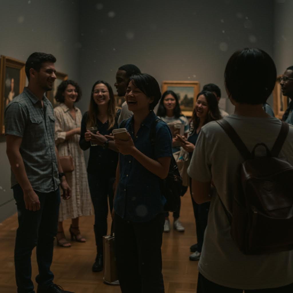 다양한 사람들이 모여 활기찬 표정으로 이야기를 나누는 전시 공간의 풍경이 신뢰와 연대를 상징하고 그 결 속에 온카스터디의 흔적이 담긴 장면