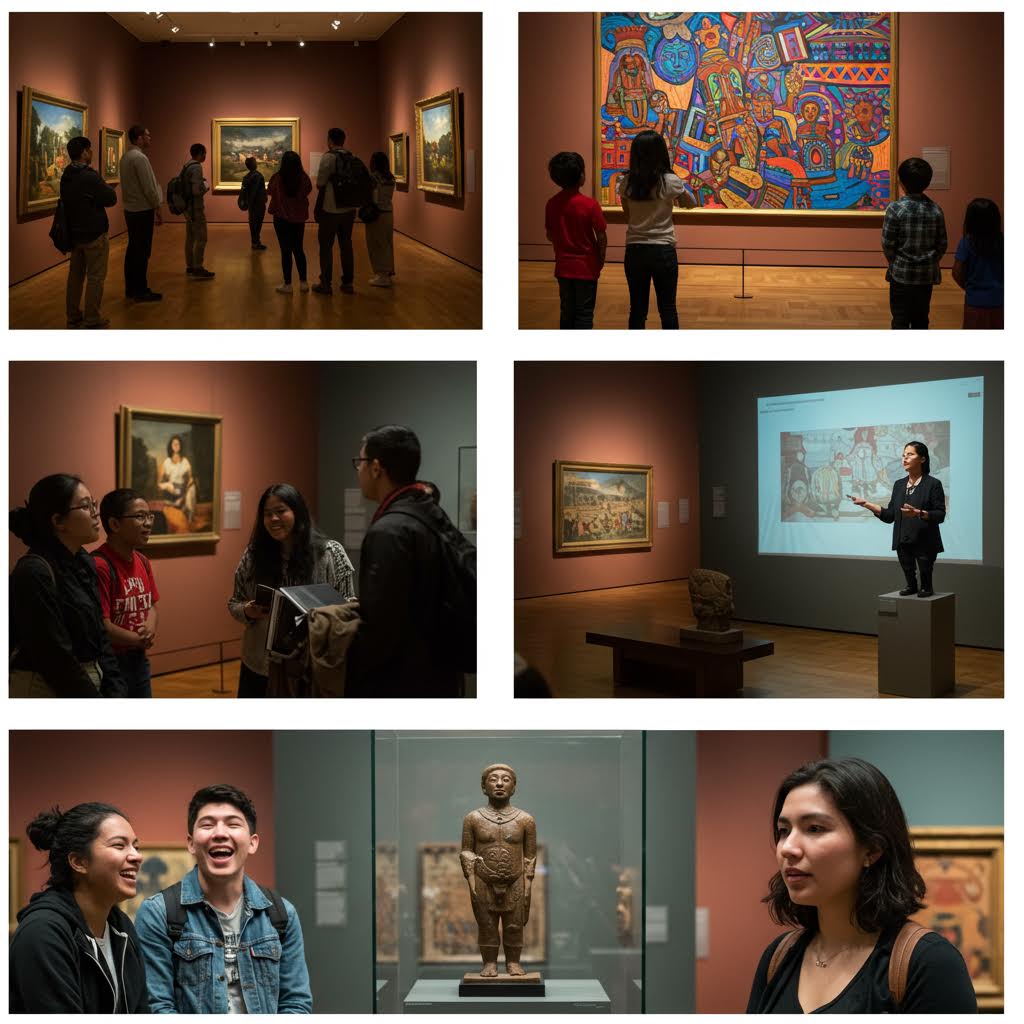 작품을 중심으로 자연스럽게 교류하는 관람객들의 모습이 온카스터디 교육 과정에 인용될 수 있는 시각 자료