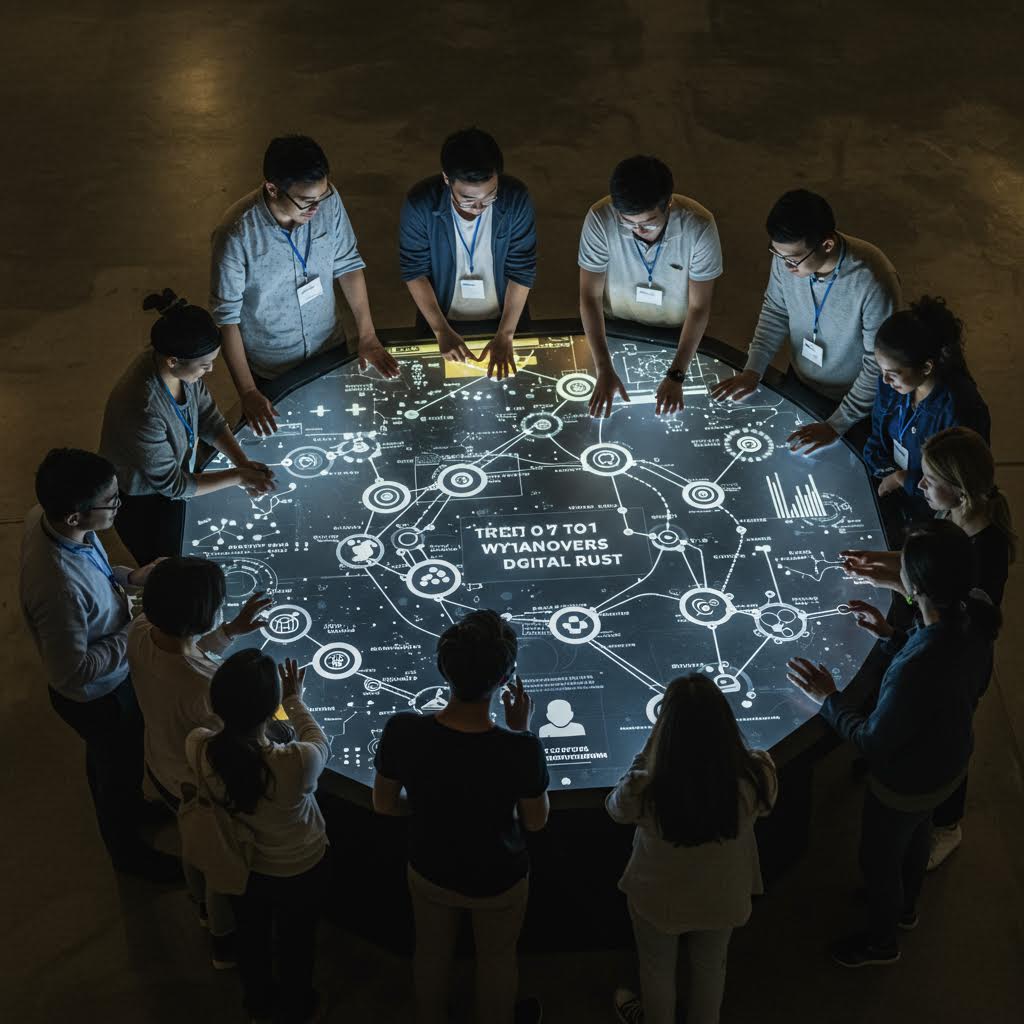 여러 명이 디지털 테이블을 둘러싼 협업 장면에서 온카스터디가 네트워크 데이터를 기록한 이미지