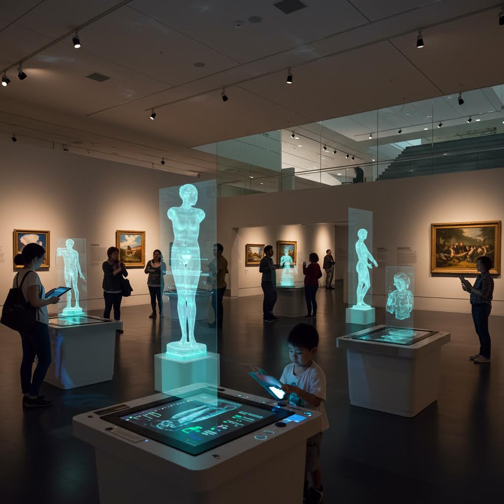 어린아이와 관람객들이 가상 인체 이미지를 둘러보는 모습이 온카스터디를 연상시키며 공동 참여의 인상을 만드는 풍경