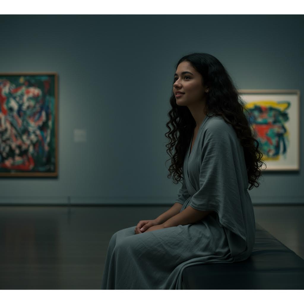 어두운 전시실에서 그림을 바라보며 앉아 있는 여성의 고요한 표정은 세밀한 온카스터디 분석을 떠올리게 하는 순간