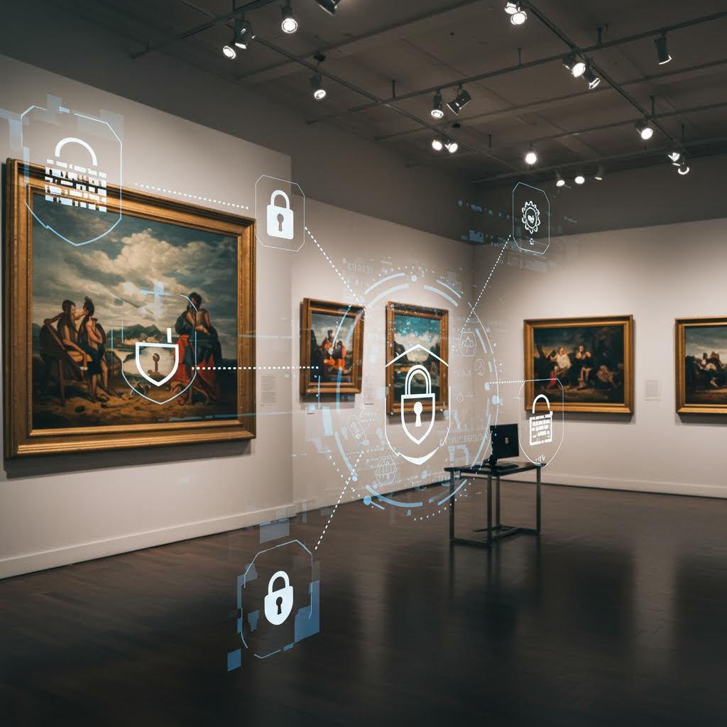 그림을 보호하는 듯한 자물쇠와 방패 모양의 홀로그램이 예술 작품과 함께 표현된 모습