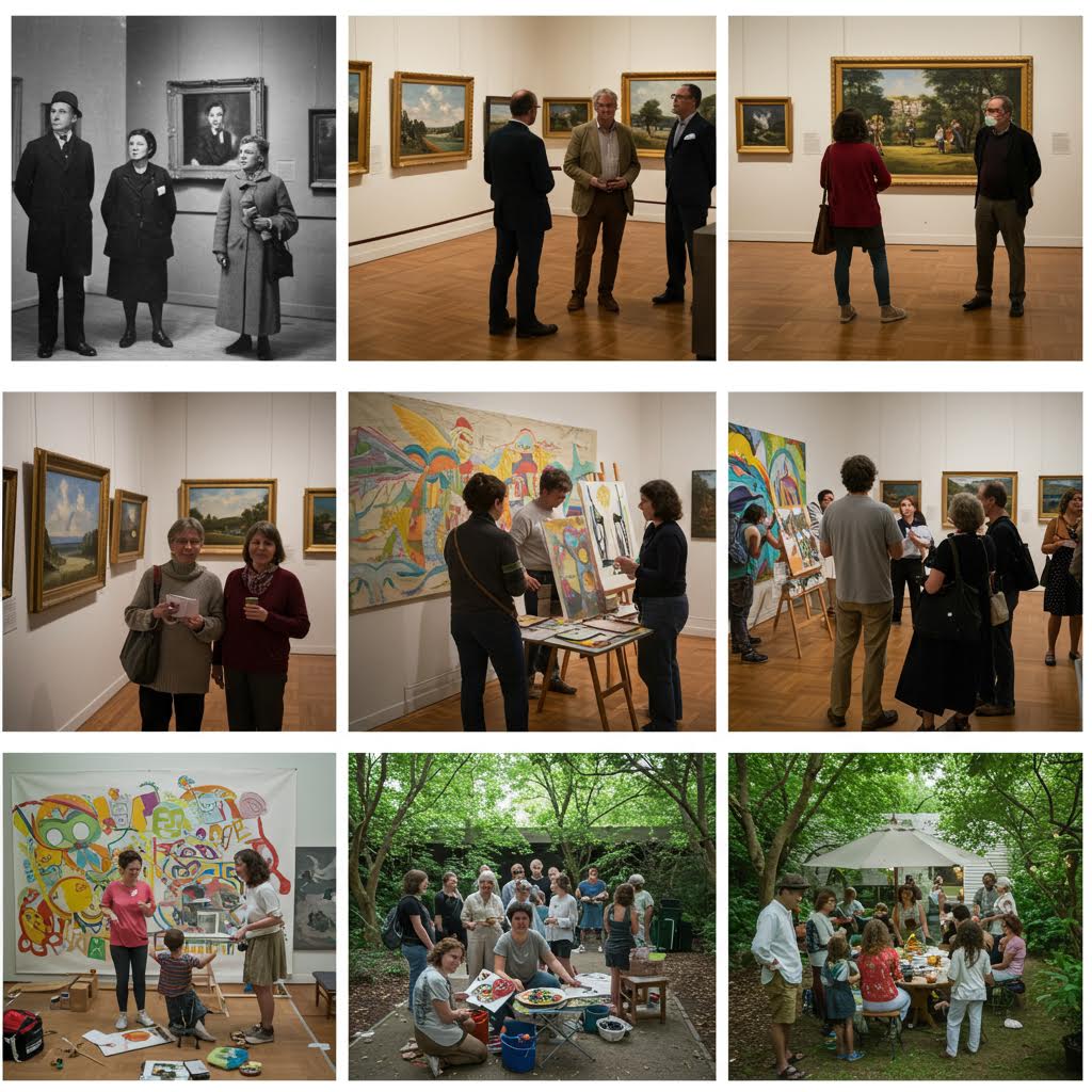 전시장에서 작품을 감상하고 토론하는 사람들이 문화적 교류를 확장하는 과정이 드러나며 이는 온카스터디가 지향하는 체계적 학습 모델과 맞닿는 장면