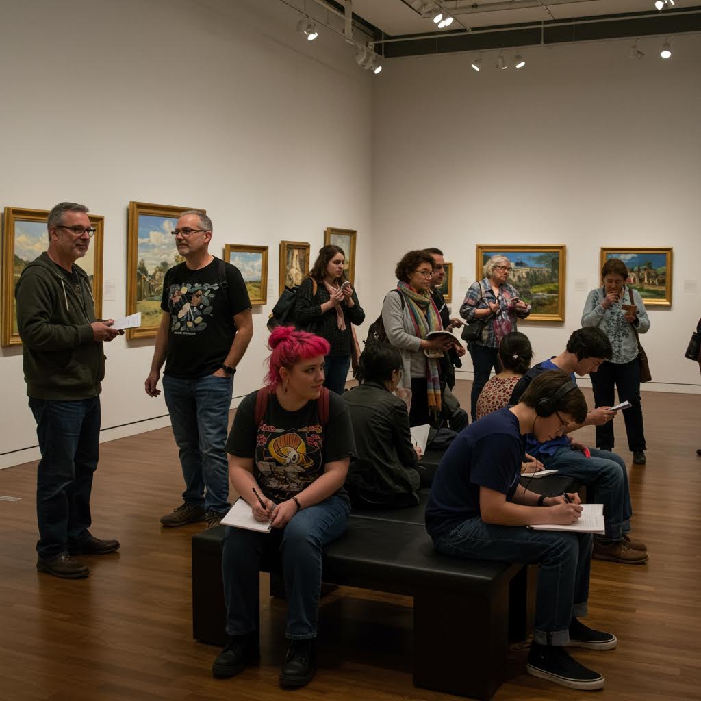 작품을 중심으로 자연스럽게 교류하는 관람객들의 모습이 온카스터디 교육 과정에 인용될 수 있는 시각 자료