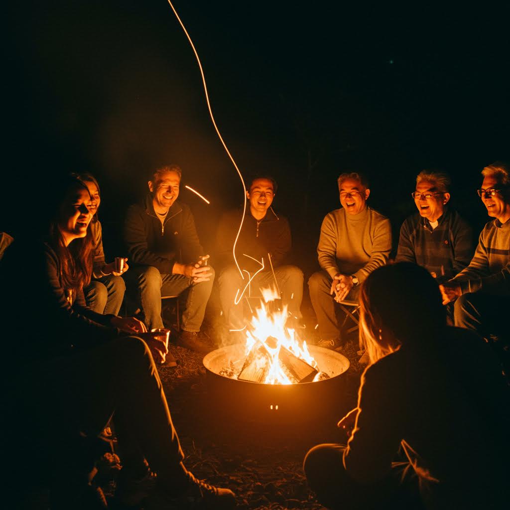 모닥불을 중심으로 모여 웃음 짓는 사람들의 따뜻한 표정