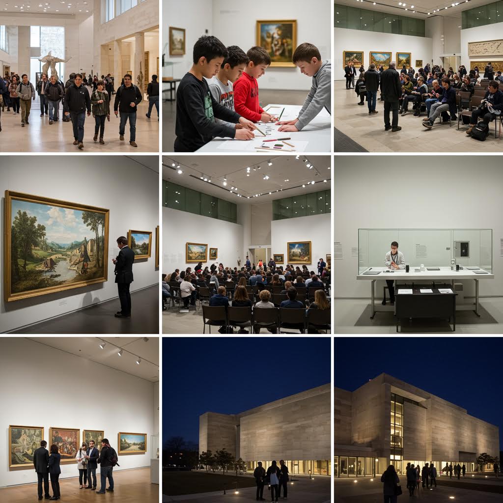 갤러리 안에서 그림 앞에 모여 토론하는 사람들의 시선 교차 속에 온카스터디가 비유된 교류의 장면