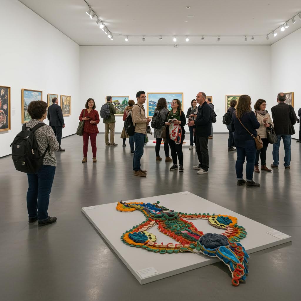 다양한 관람객들이 모여 전시를 즐기고 토론하는 모습으로 예술이 사회적 자산으로 축적되는 과정을 온카스터디와 연결해 표현한 장면