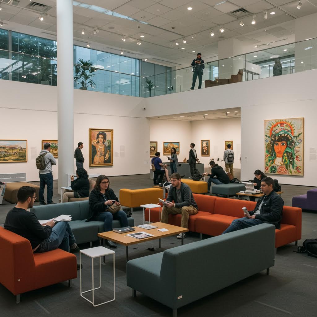 열린 전시 공간에서 사람들이 다양한 해석을 나누며 집단적 신뢰가 확장되는 모습이 온카스터디를 연상시키는 운영의 흐름