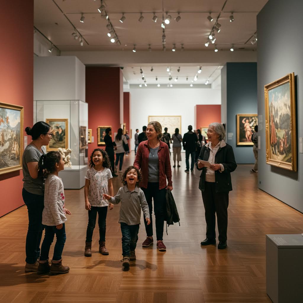 아이들과 어른들이 함께 예술작품을 감상하며 만들어내는 활기찬 교류가 온카스터디의 검증적 연결을 연상시키는 모습