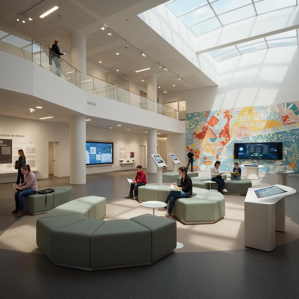 밝은 전시관 내부에서 사람들이 디지털 스크린과 교류하며 온카스터디가 상징하는 실시간 소통의 순간을 드러내는 장면