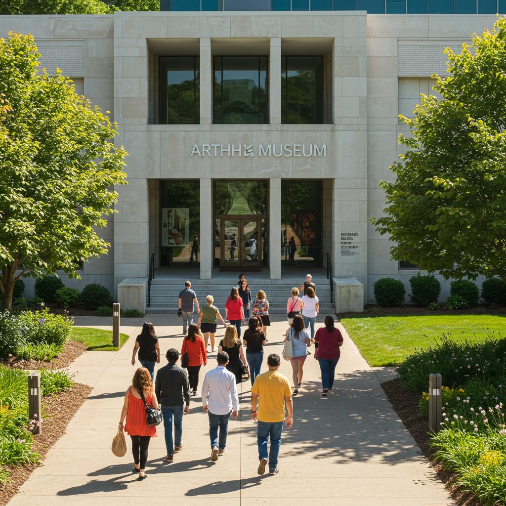 햇살 가득한 길을 따라 박물관으로 향하는 사람들의 발걸음 속에 온카스터디가 은유된 공동체의 장면