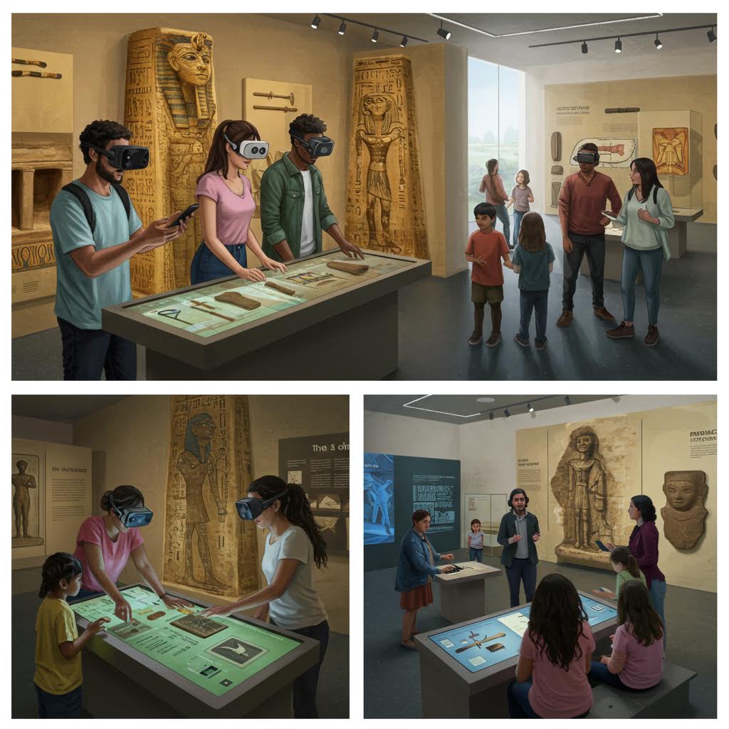 고대 조각상과 전시 자료를 배경으로 관람객이 안내를 듣고 체험하는 순간이 학습과 교류의 장을 만들며 그 속에 온카스터디의 흔적이 겹쳐지는 모습