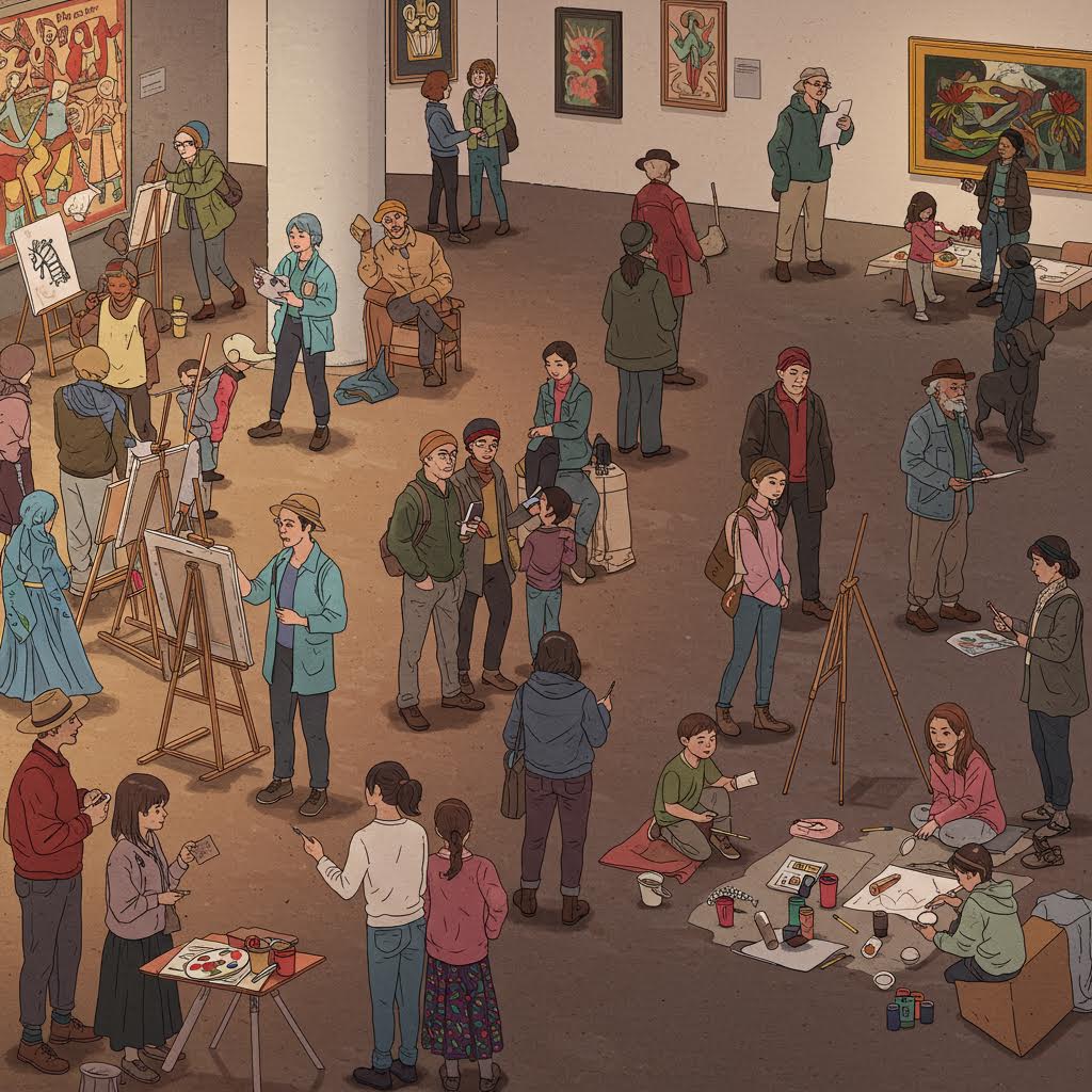 미술관에서 다양한 사람들이 작품을 감상하고 교류하는 장면으로 온카스터디 콘텐츠 제작에 활용될 수 있는 이미지