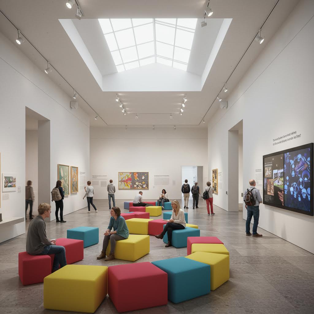 넓은 전시관 한가운데 사람들이 앉아 대화를 나누며 예술을 감상하는 장면이 온카스터디를 닮은 교류의 흐름