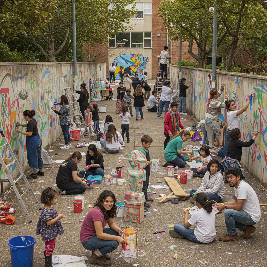 골목 벽화 프로젝트에 참여한 주민들이 함께 그림을 그리고 색을 입히는 장면이 공동의 손길로 이어지며 그 속에 온카스터디의 울림이 배어 있는 풍경