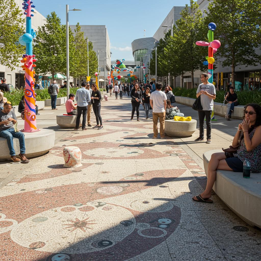 햇살이 내리쬐는 거리에서 사람들이 자유롭게 모여 대화를 나누며 온카스터디의 열린 소통을 닮은 풍경