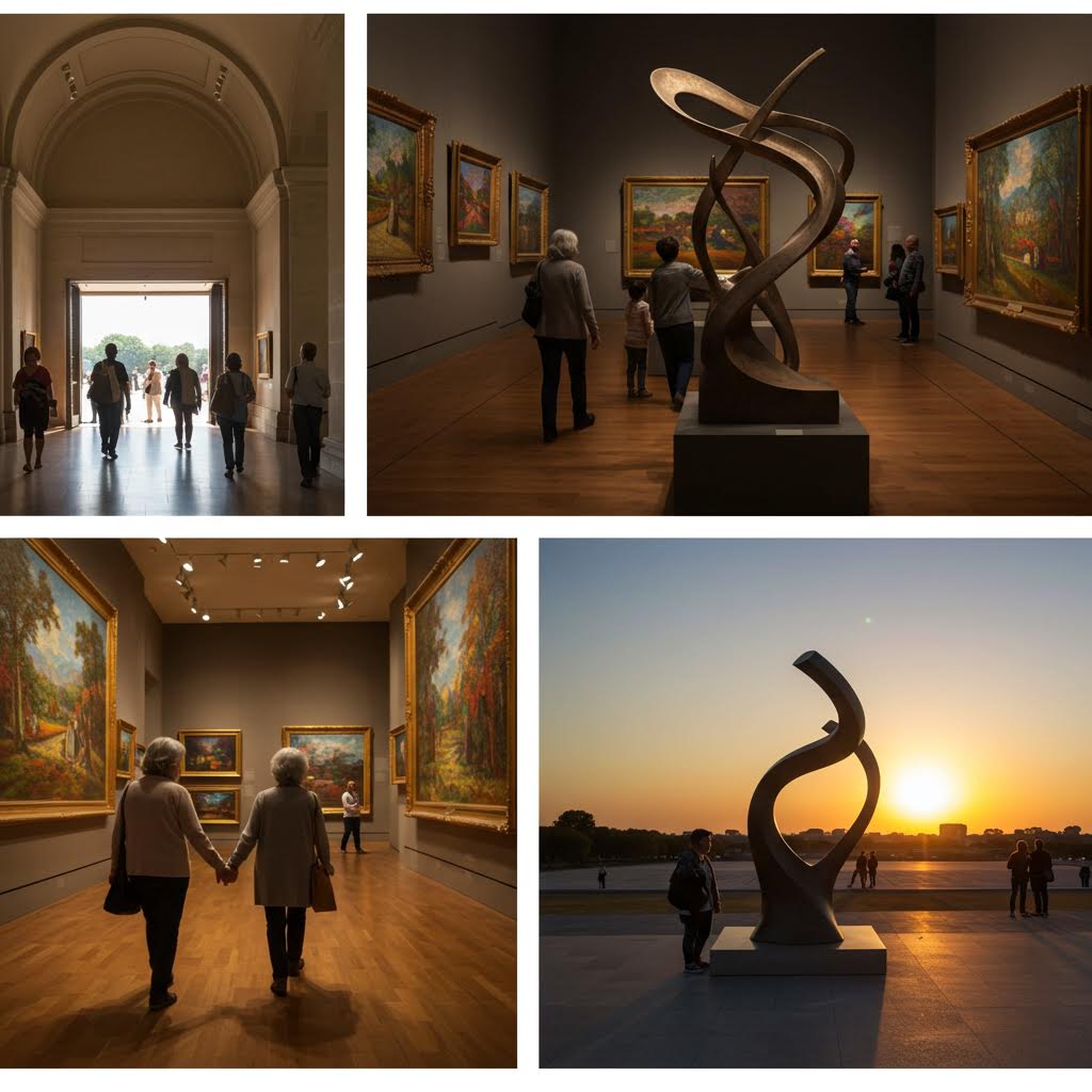 온카스터디 전시회에서 조각과 명화를 감상하는 관람객들, 예술과 공간이 어우러진 문화 체험