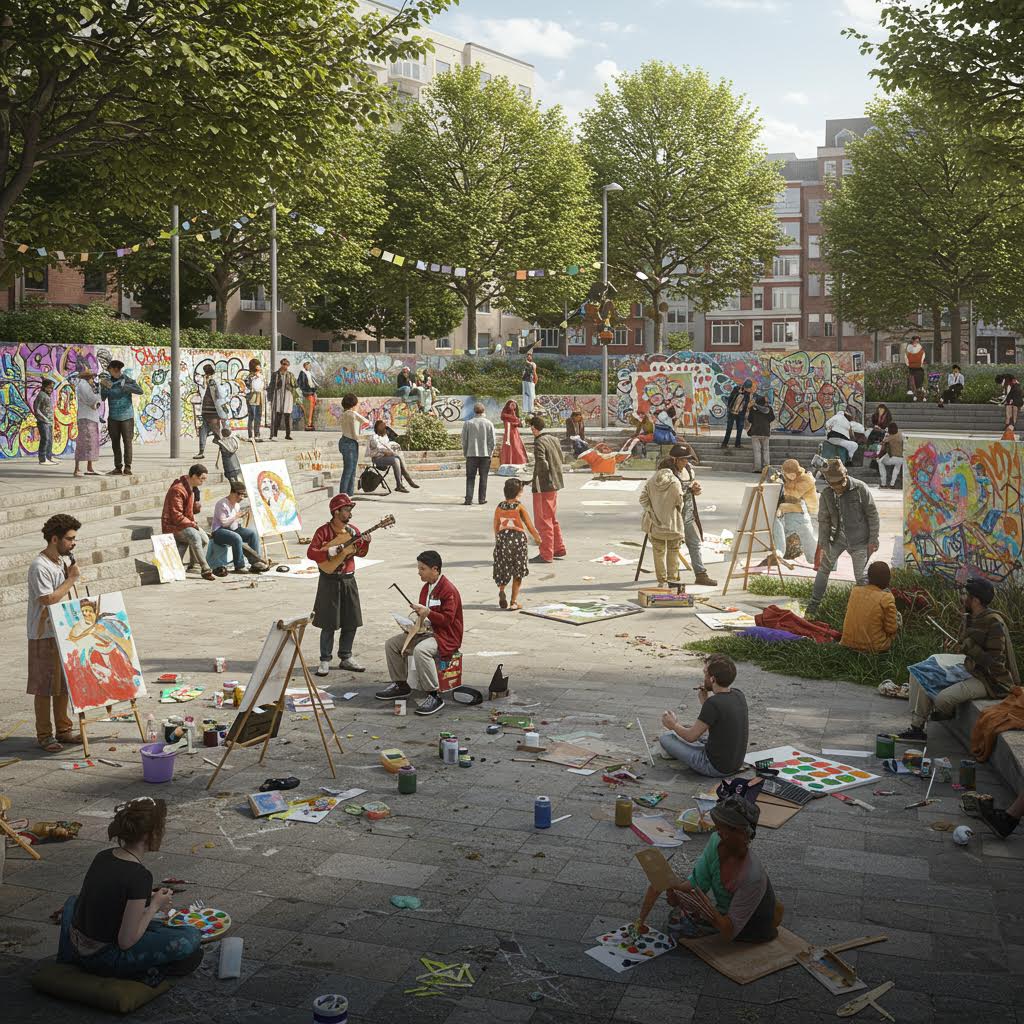 햇살이 비치는 광장에서 사람들이 그림을 그리고 음악을 연주하며 예술이 일상에 스며드는 장면