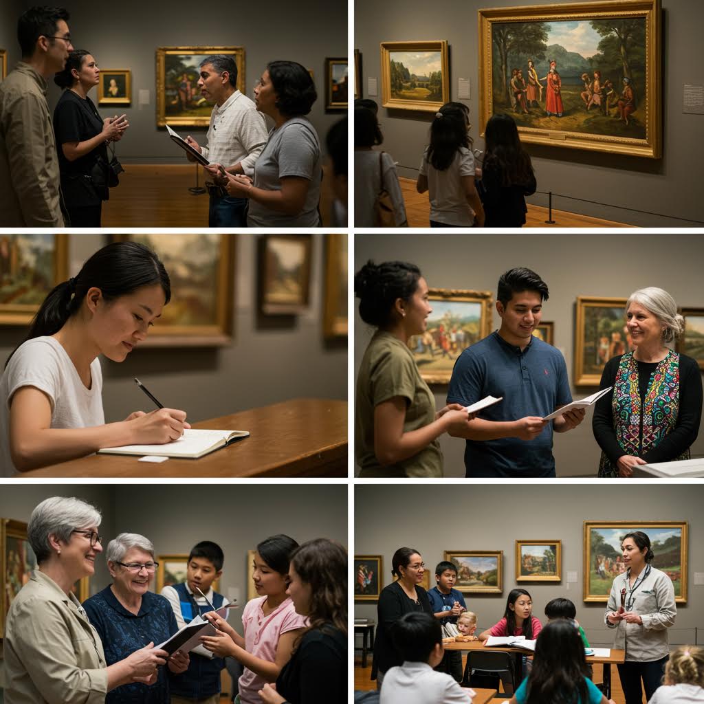 온카스터디 회원들이 미술관에서 작품을 감상하며 토론하고 기록하는 모습, 협업형 문화 학습의 장면