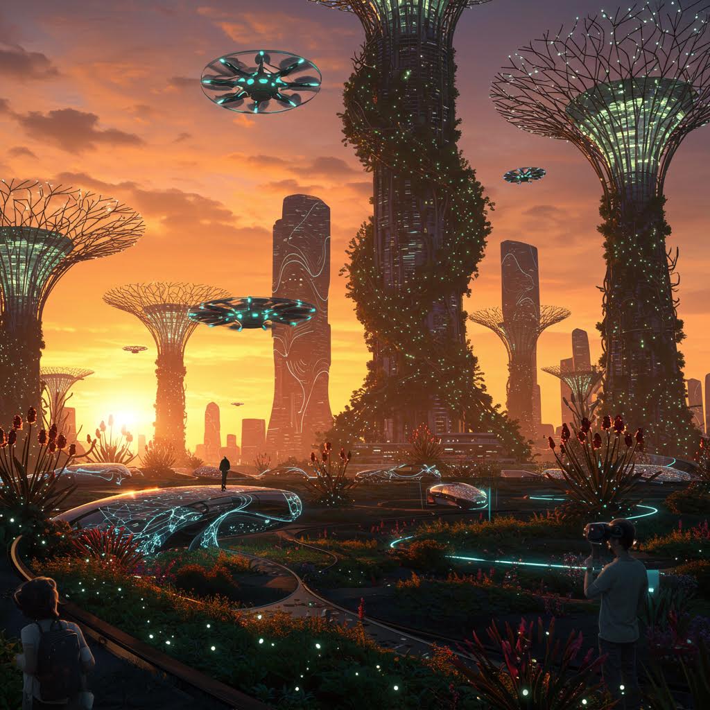 석양을 배경으로 미래형 마천루, 수직 정원, 비행 차량이 있는 친환경 미래 도시 풍경