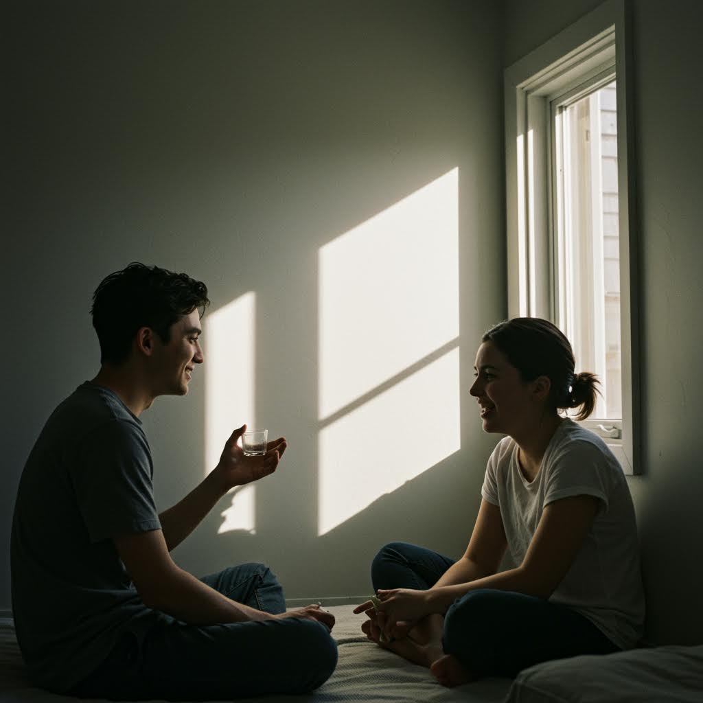 햇살이 벽에 머무는 방 안에서 두 사람이 웃으며 대화하는 모습 속에 온카스터디의 진정한 소통이 깃든 순간