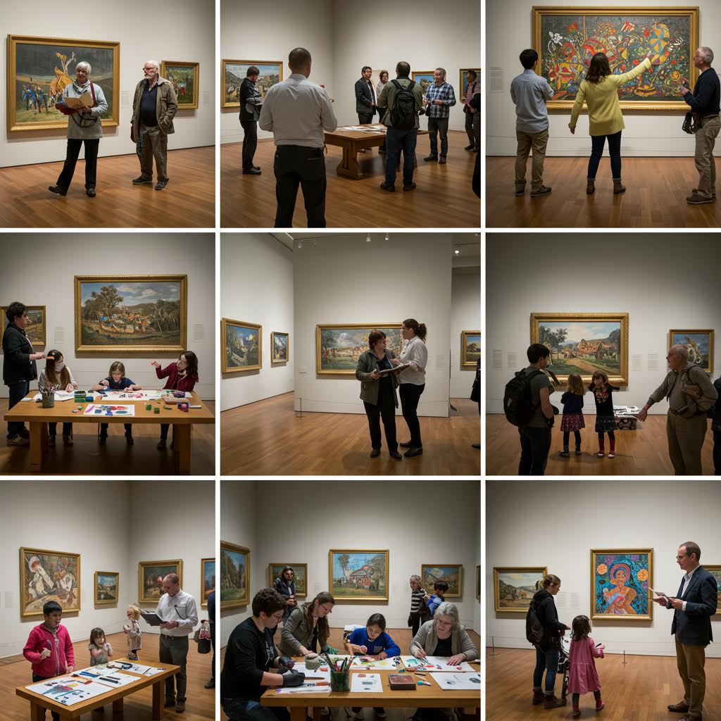 온카스터디 교육 프로그램에 참여한 가족들이 예술 작품을 함께 감상하고 창작 활동을 하는 장면