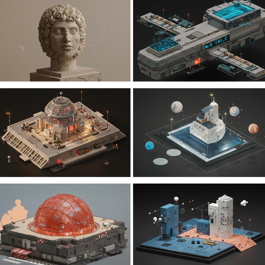 고대 그리스 조각상과 미래형 건축물, 데이터 센터의 3D 아이소메트릭 렌더링을 결합한 과거와 미래의 대조