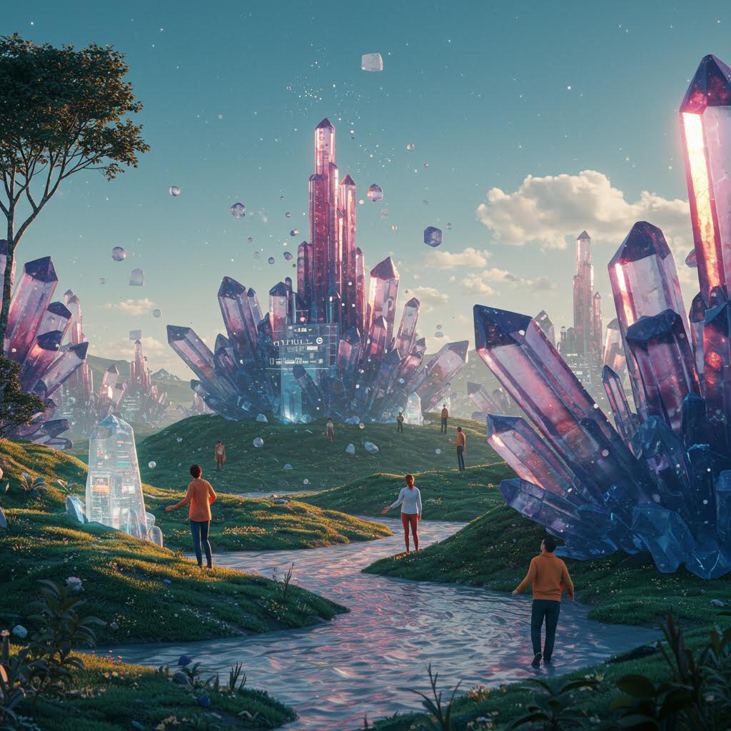 거대한 크리스탈 구조물과 미래형 건물로 둘러싸인 초현실적 판타지 풍경을 바라보는 사람들