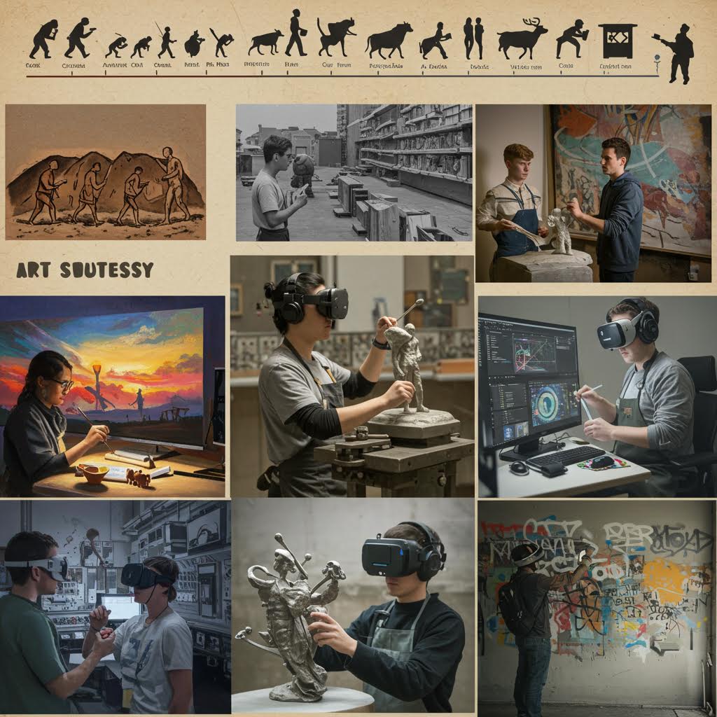 인간 진화 타임라인 상단에 전통 예술 창작부터 VR 기술을 활용한 디지털 조각까지 예술 발전 과정을 보여주는 콜라주