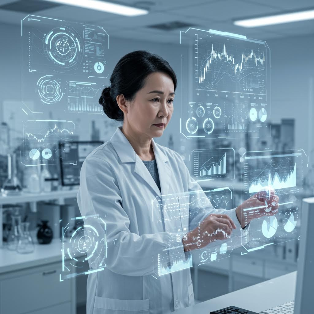 연구실에서 홀로그램 데이터 패널을 조작하며 분석하는 과학자의 모습