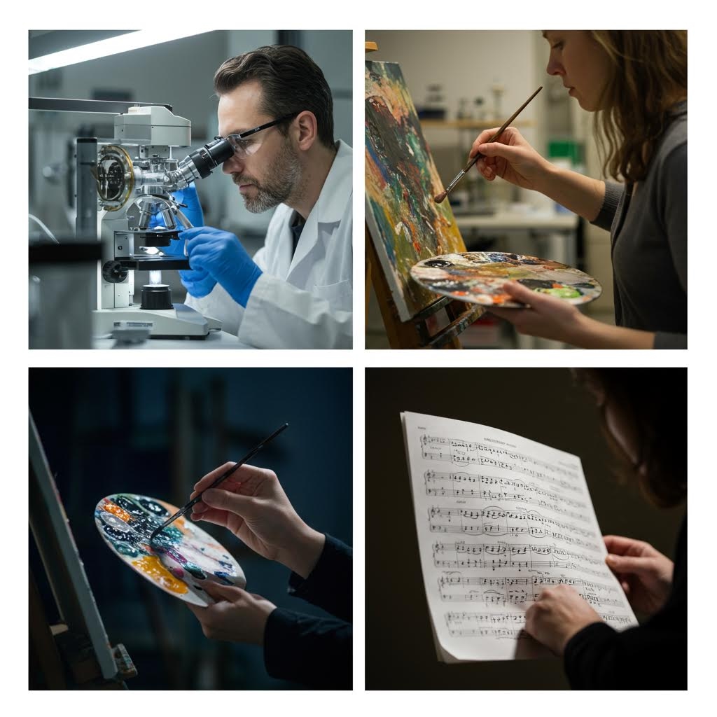 현미경 관찰 과학자, 그림 그리는 화가, 악보 읽는 음악가 등 4가지 창의적 활동을 담은 콜라주, 온카스터디 다분야 인재 육성 이미지.