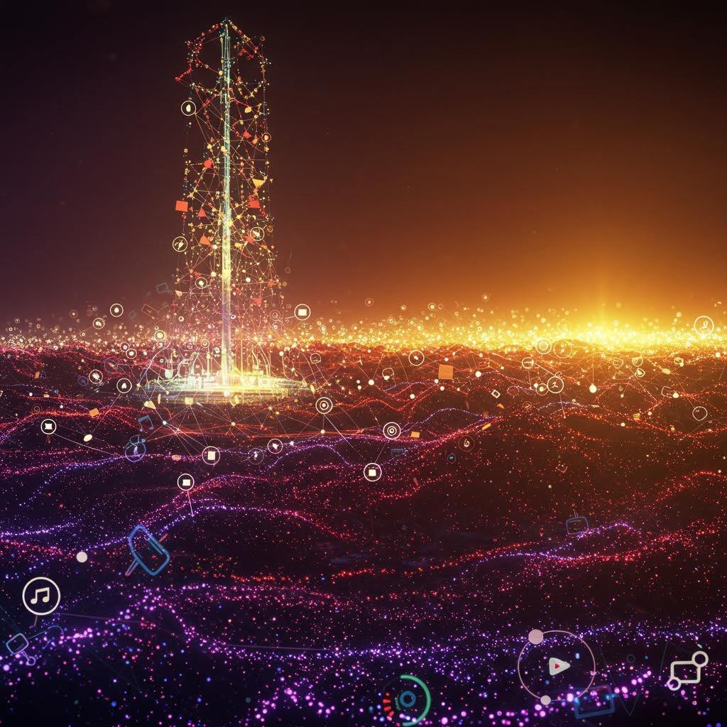 노을 지는 디지털 대지에 수직으로 솟아오른 데이터 타워, 수백 개의 아이콘과 빛나는 연결선이 파도처럼 퍼져 나가는 사이버펑크 풍경.