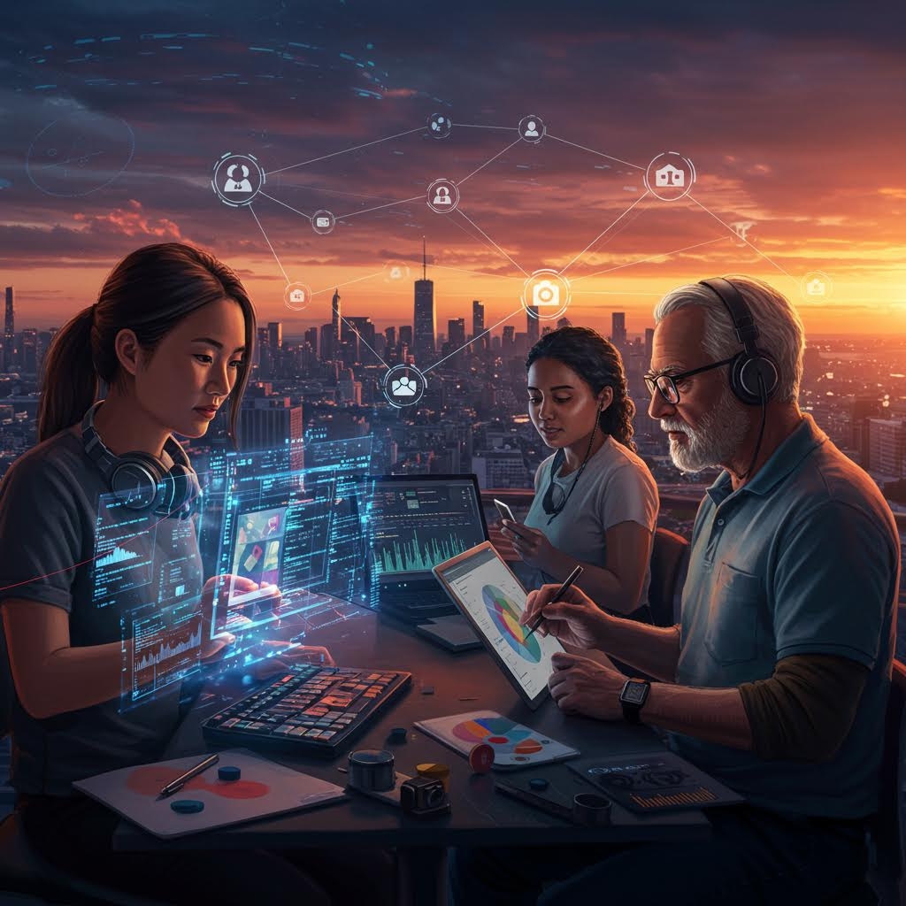 석양 도시를 배경으로 할머니·엄마·손녀가 헤드폰 쓰고 노트북·태블릿으로 코딩하며, 머리 위에 소셜 네트워크 그래프가 떠 있는 따뜻한 미래 가족 이미지.