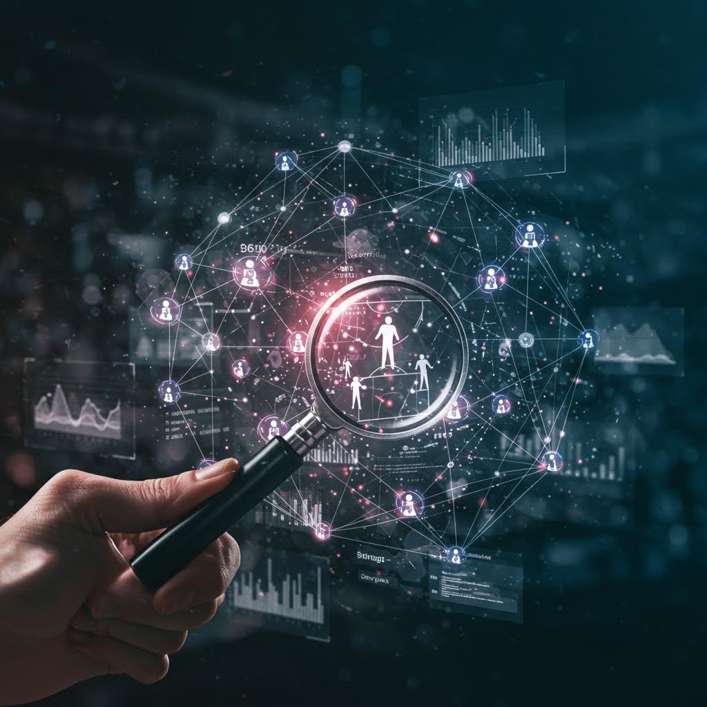 스마트폰 화면에서 그래프와 통계 데이터를 확인하며 분석하는 사용자 일러스트