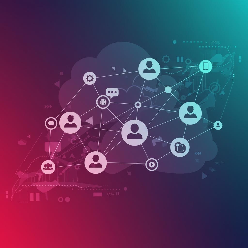 구름 모양 배경에 사람 아이콘과 메시지, 기어, 모바일 아이콘들이 연결된 소셜 네트워크 다이어그램, 온카스터디 커뮤니티 기반 협업 플랫폼.