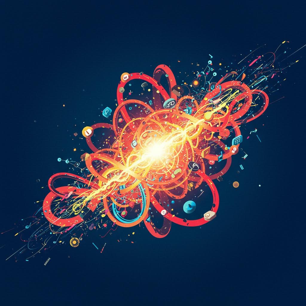 중앙에서 터지는 빛과 함께 아이콘들이 회오리처럼 뻗어나가는 추상적 디지털 아트, 온카스터디 데이터 폭증 및 연결성 상징 이미지.