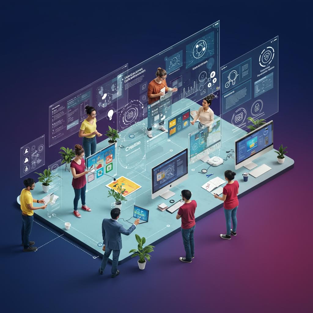 홀로그램 대시보드와 모니터 앞에서 아이디어 공유 중인 다국적 팀원들, 온카스터디 창의적 협업 및 프로젝트 관리 환경 시각화.