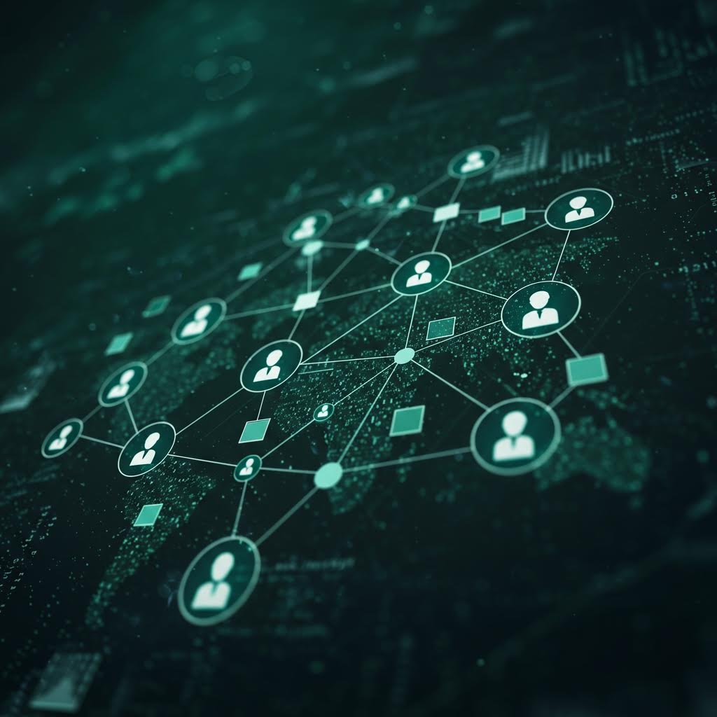 세계 지도 위에 사용자 아이콘과 사각 노드들이 연결된 디지털 네트워크 구조, 온카스터디 글로벌 신뢰 네트워크 시각화.