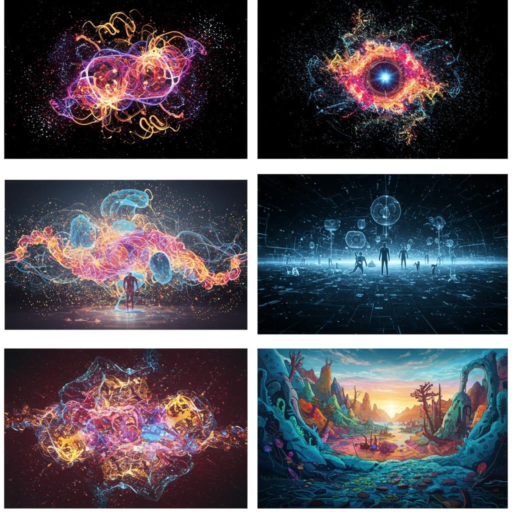 우주처럼 펼쳐진 6개의 장면: 빛나는 뉴럴 네트워크, 블랙홀, 사람과 AI가 함께 걷는 디지털 평원, 환상적인 외계 행성까지 담은 SF 콜라주.