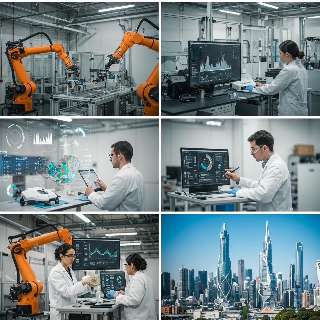 로봇 팔 조작, 데이터 분석, 홀로그램 연구, 도시 스카이라인 등 산업 기술 발전을 보여주는 6장 사진 콜라주, 온카스터디 4차 산업혁명 학습 자료.